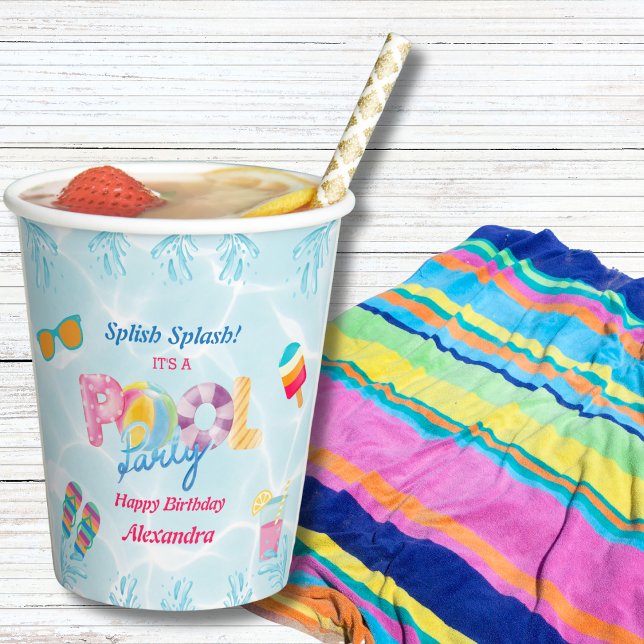 Colourful Splish Splash Girl Birthday Pool Party Paper Cups (Creator Uploaded)