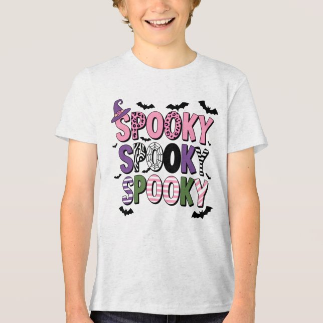 Colourful Spooky Halloween  Cute Witch Hat & Bat  Tri-Blend Shirt (Front)
