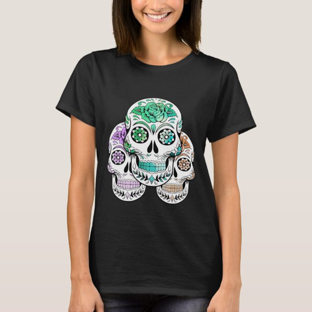Colourful Spooky Sugar Skulls Halloween T-Shirt (Front)