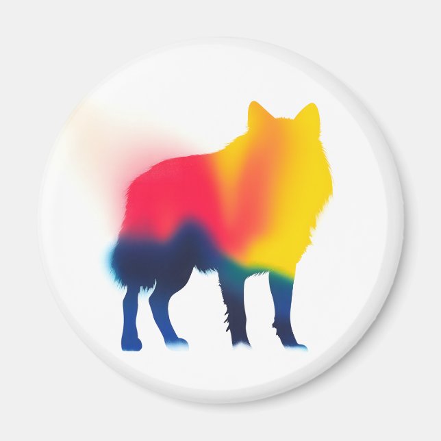 Colourful Spray Paint Wolf Silhouette Round Magnet (Front)