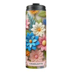 Colourful Spring 3D Felt Floral Art Custom Name Thermal Tumbler