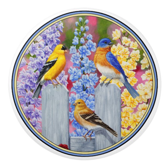 Colourful Spring Birds Garden Party Ceramic Knob (Front)