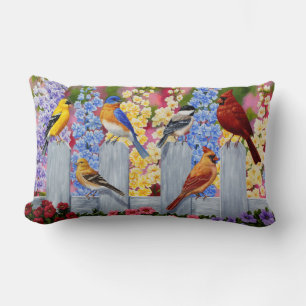 Colourful Spring Birds Garden Party Lumbar Cushion