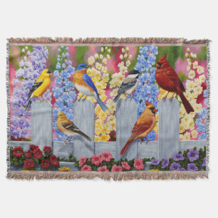 Colourful Spring Birds Garden Party Throw Blanket