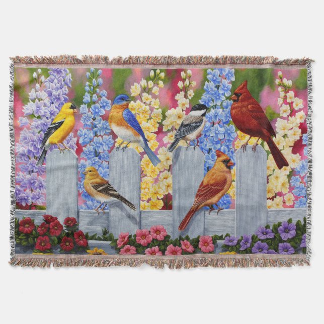 Colourful Spring Birds Garden Party Throw Blanket (Front)