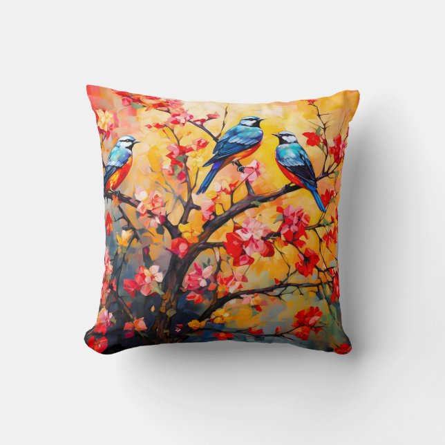 Colourful Spring Birds in Bloom Cushion (Front)