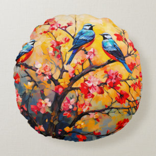 Colourful Spring Birds in Bloom Round Cushion