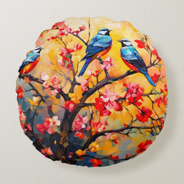 Colourful Spring Birds in Bloom Round Cushion (Front)
