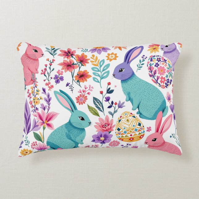 Colourful Spring Bunnies Floral Pattern Easter Decorative Cushion (Front)