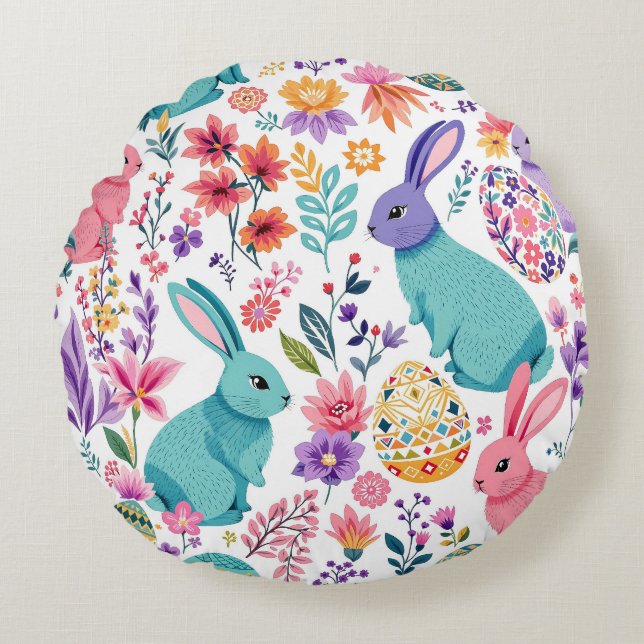 Colourful Spring Bunnies Floral Pattern Easter Round Cushion (Front)