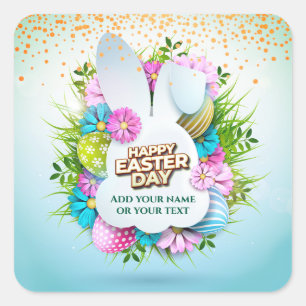 Colourful Spring Bunny Easter Eggs & Flowers Square Sticker
