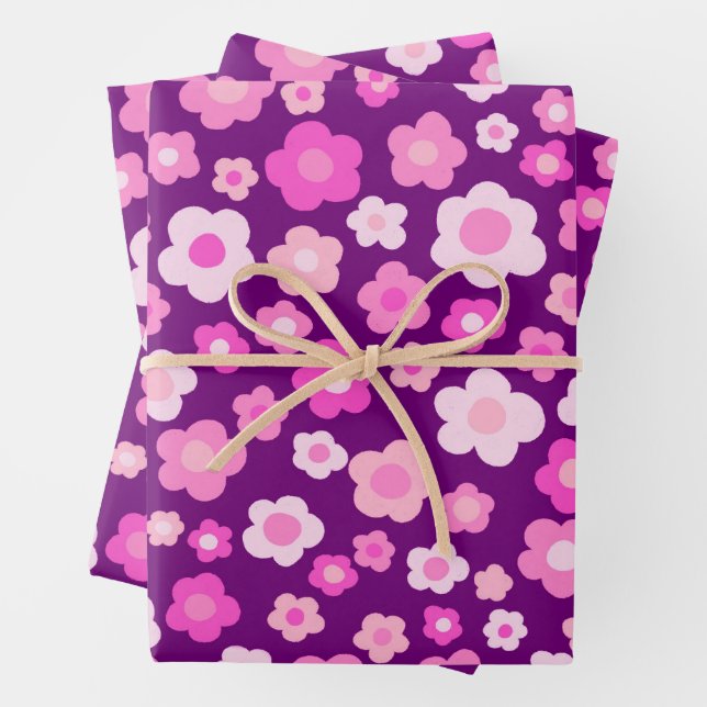 Colourful Spring Daisies Floral Easter Pink Purple Wrapping Paper Sheet (In situ)