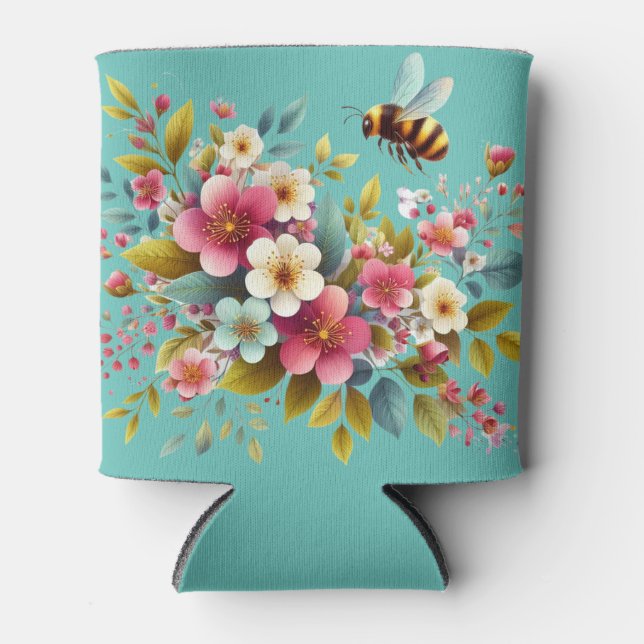 Colourful, Spring/Floral bee Can Cooler (Front)