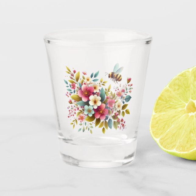 Colourful, Spring/Floral bee Shot Glass (Front)