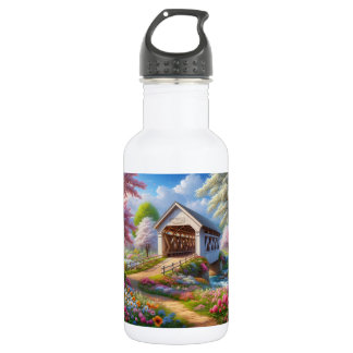 Colourful spring/floral covered bridge & river 532 ml water bottle