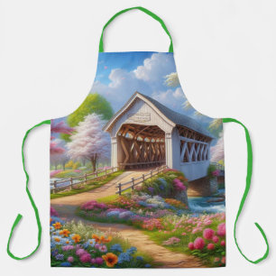 Colourful spring/floral covered bridge & river apron