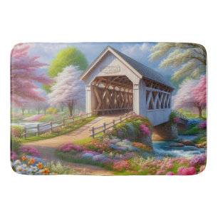 Colourful spring/floral covered bridge & river bath mat