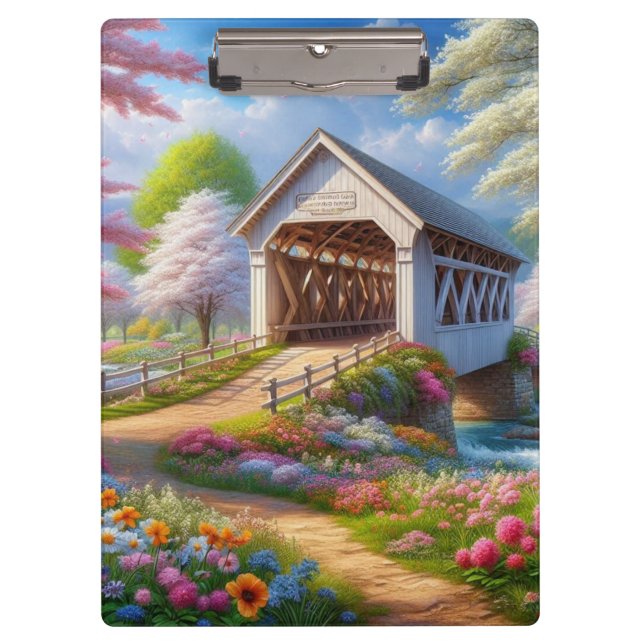 Colourful spring/floral covered bridge & river clipboard (Front)