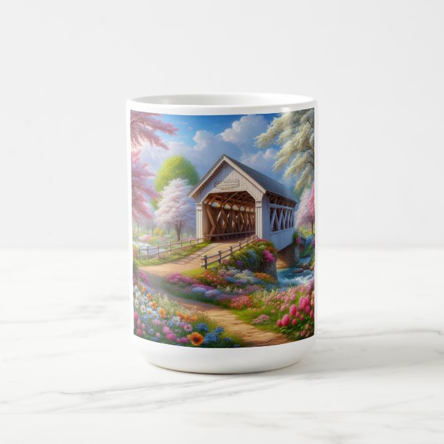 Colourful spring/floral covered bridge & river coffee mug (Center)