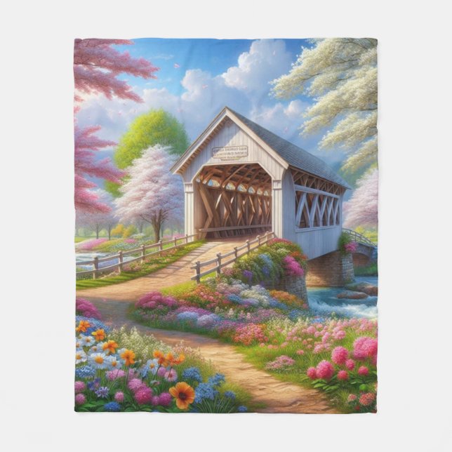 Colourful spring/floral covered bridge & river fleece blanket (Front)