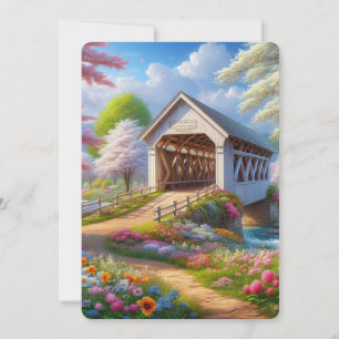 Colourful spring/floral covered bridge & river holiday card