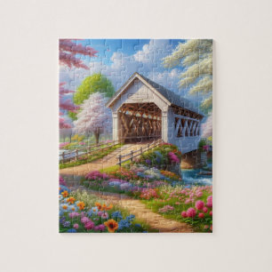 Colourful spring/floral covered bridge & river jigsaw puzzle