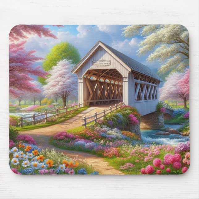 Colourful spring/floral covered bridge & river mouse pad (Front)