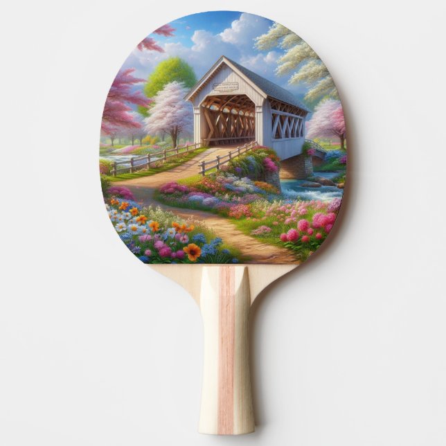 Colourful spring/floral covered bridge & river ping pong paddle (Front)