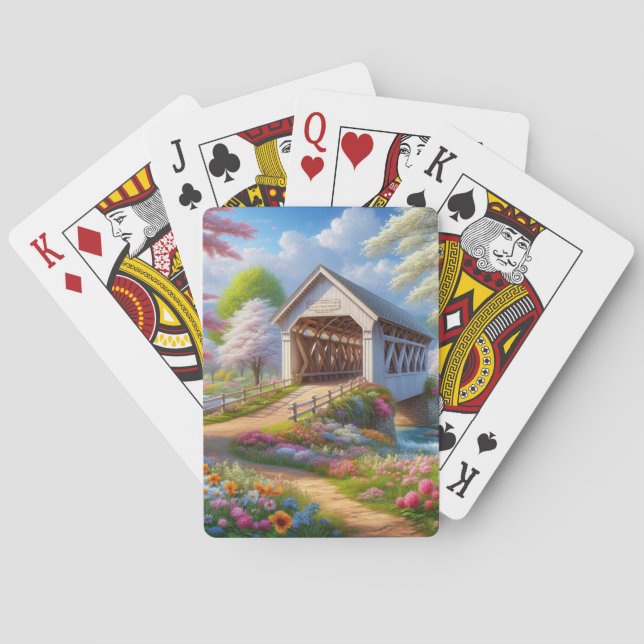 Colourful spring/floral covered bridge & river playing cards (Back)