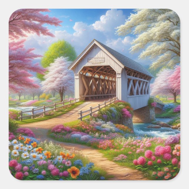 Colourful spring/floral covered bridge & river square sticker (Front)