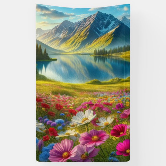 Colourful spring/floral mountain lake banner (Vertical)