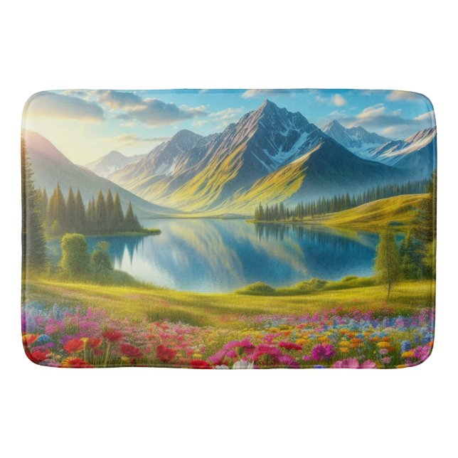 Colourful spring/floral mountain lake bath mat (Front)