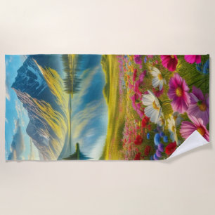 Colourful spring/floral mountain lake beach towel