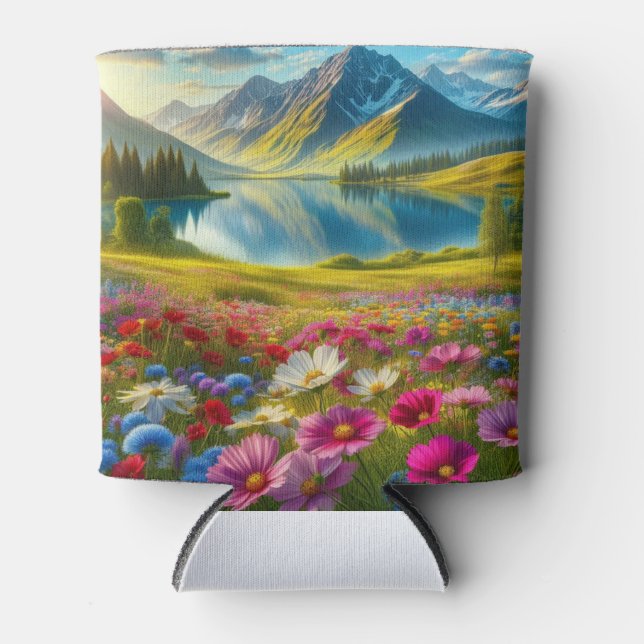 Colourful spring/floral mountain lake can cooler (Front)