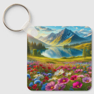 Colourful spring/floral mountain lake key ring
