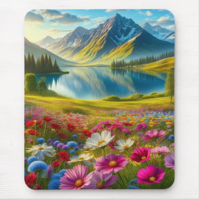 Colourful spring/floral mountain lake mouse pad (Front)
