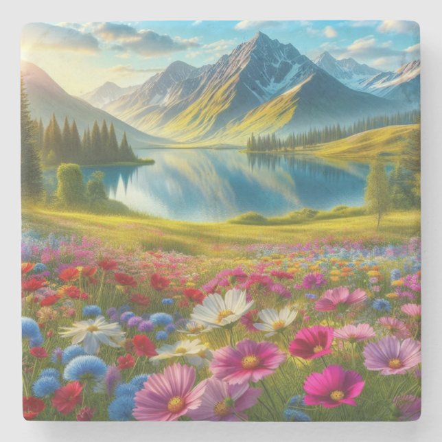 Colourful spring/floral mountain lake stone coaster (Front)