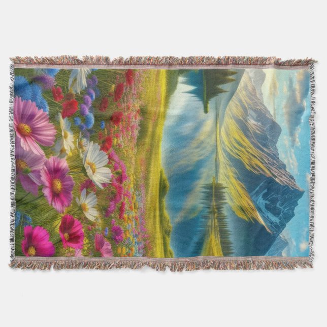 Colourful spring/floral mountain lake throw blanket (Front)