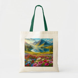 Colourful spring/floral mountain lake tote bag