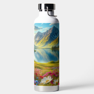 Colourful spring/floral mountain lake water bottle