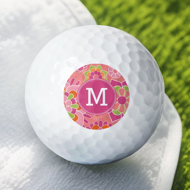 Colourful Spring Floral Pattern Custom Monogram Golf Balls (Personalized Golf Ball - colorful spring flowers with monogram)