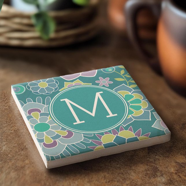 Colourful Spring Floral Pattern Custom Monogram Stone Coaster (Custom Stone Coaster)