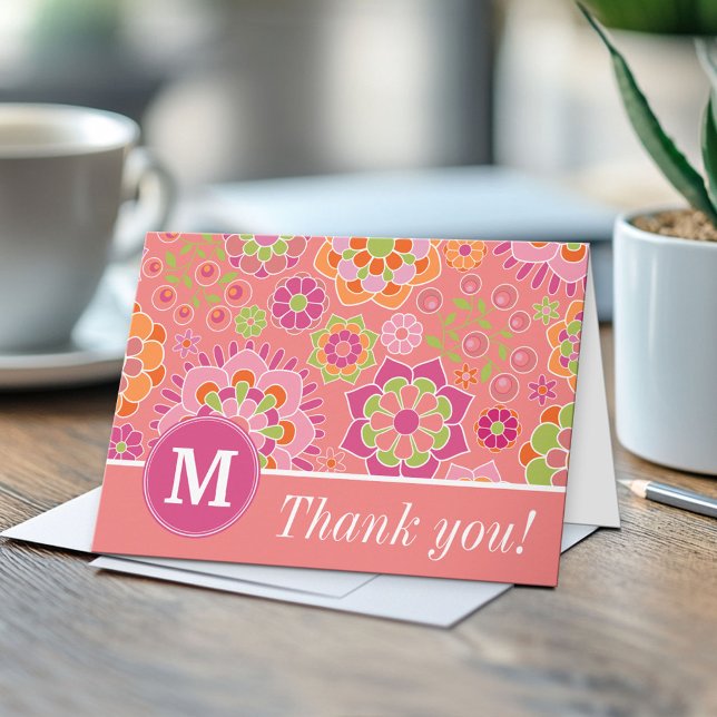 Colourful Spring Floral Pattern Custom Monogram Thank You Card (Custom Folded Greeting Card)