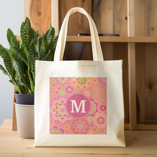 Colourful Spring Floral Pattern Custom Monogram Tote Bag (Personalized tote bag - flower pattern and name)