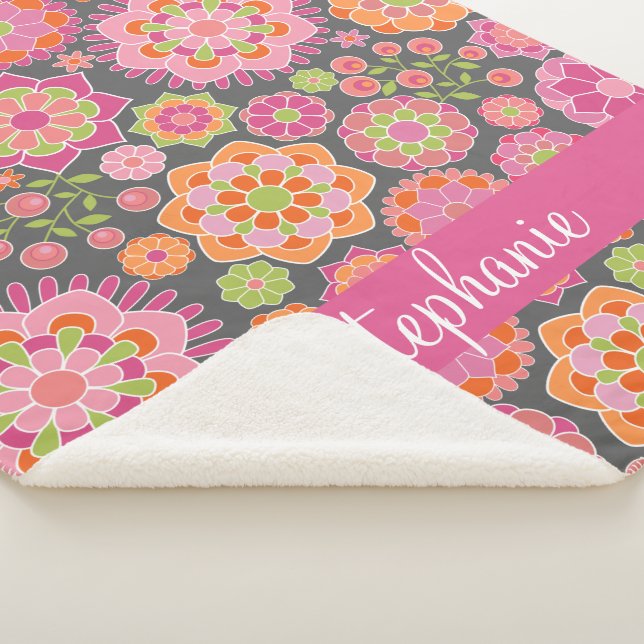 Colourful Spring Floral Pattern Custom Name Sherpa Blanket (3/4)