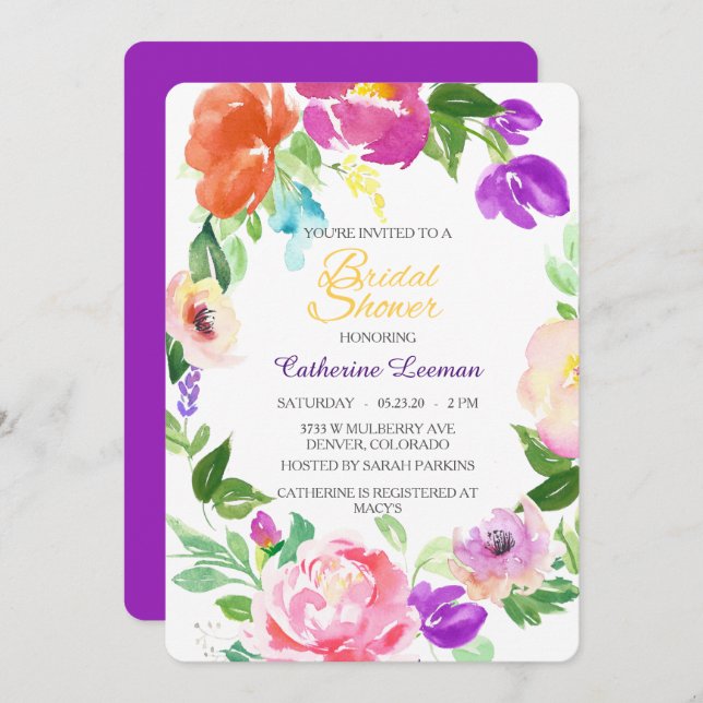 Colourful Spring Floral Wreath Bridal Shower Invit Invitation (Front/Back)