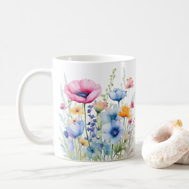 Colourful Spring Flower Watercolor Pattern Coffee Mug (With Donut)