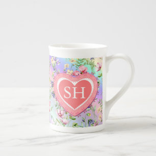 Colourful Spring Flower Watercolor Pattern Monogra Bone China Mug