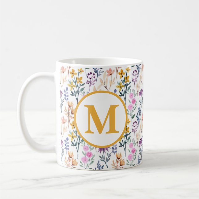 Colourful Spring Flower Watercolor Pattern Monogra Coffee Mug (Left)