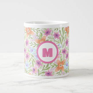 Colourful Spring Flower Watercolor Pattern Monogra Large Coffee Mug